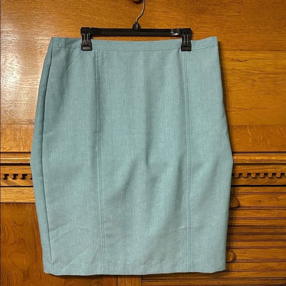 Alfred Dunner Preppy Coastal Seafoam Green Faux Linen Pencil Skirt Elastic Waist